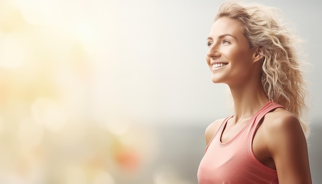 写真 european blonde woman in tank top breathing deeply spring concept