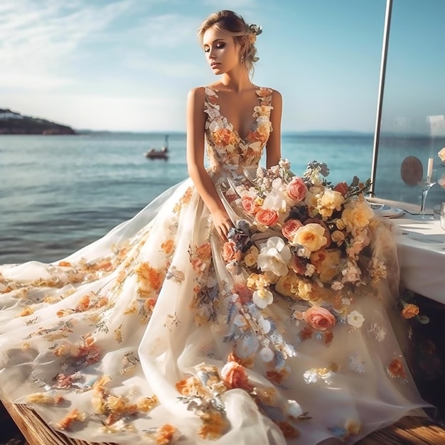 A European bride on the outdoor in a beautiful floral wedding dress