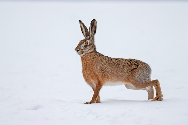 Photo european brown hare on snow in winter