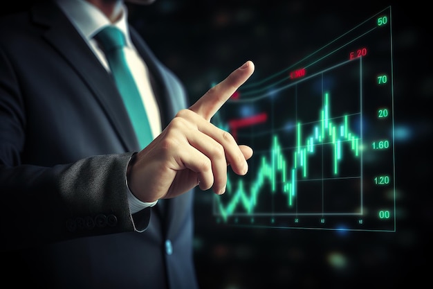 European businessmans hand pointing at a trade graph monitor