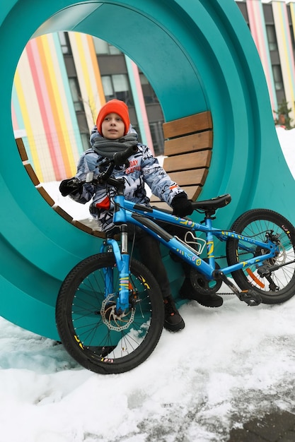 European child rides a rented bicycle