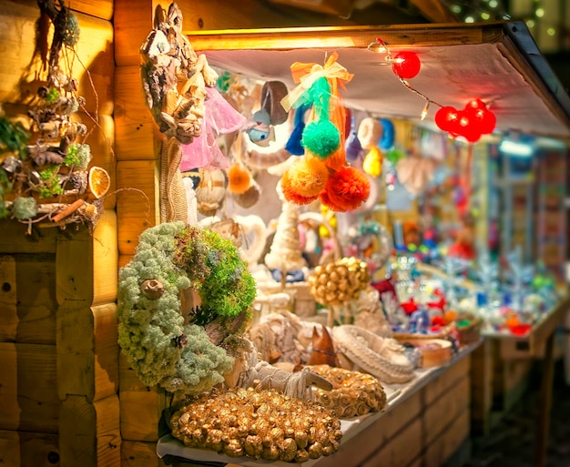 European Christmas market stall in the evening Riga