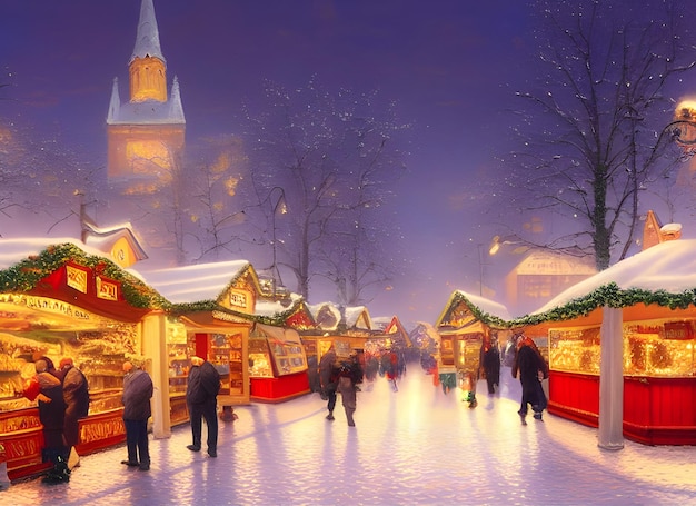 写真 クリスマスのヨーロッパの街並み、クリスマスマーケット、新年の雰囲気