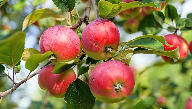 European crab apple or forest apple fruit Bunch of fresh Ripe red apples hanging on branch tree on