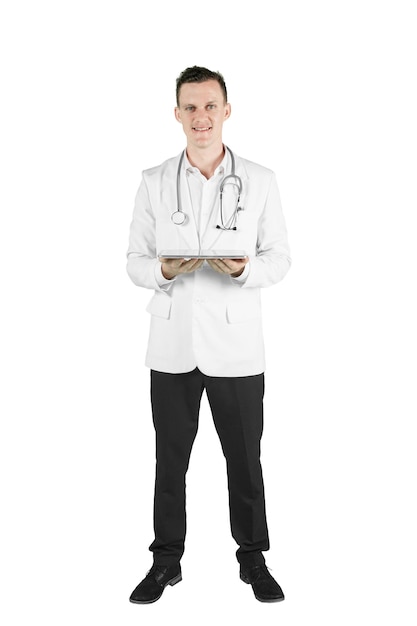 European doctor holding a tablet on studio