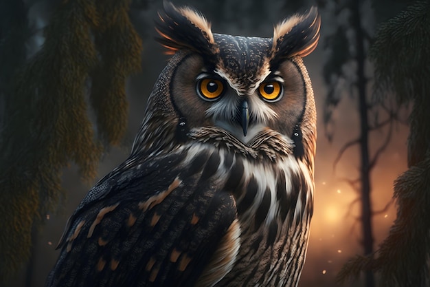European eagle owl perched on a post and staring forward against a dark background the eyes are penetrating the viewer Neural network generated art
