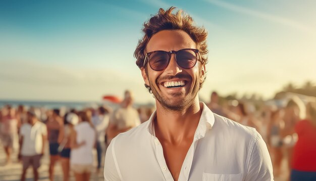 European elderly man wearing sunglasses in crowd on beach at sunset