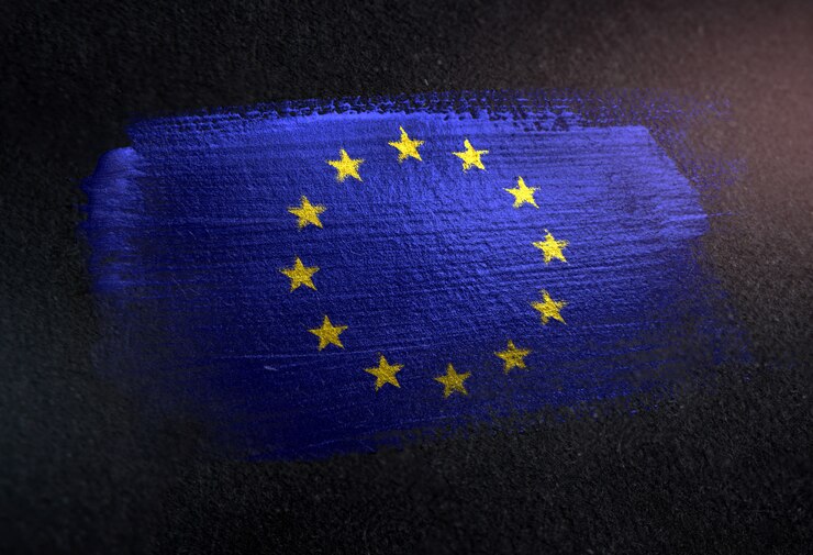 Photo european flag made of metallic brush paint on grunge dark wall