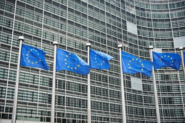 European flags in front of the Berlaymont building, headquarters