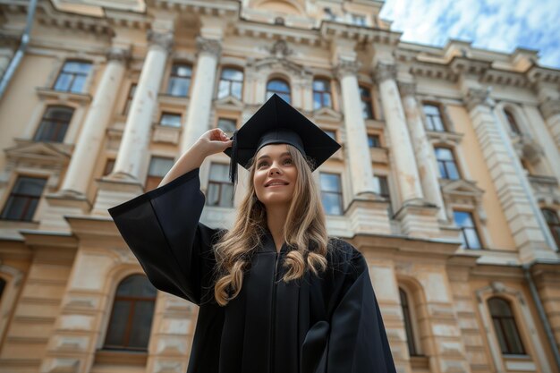 Photo european girl in a black robe and a black square academic cap shows a thumbs