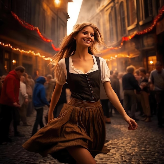 European girl dancing national dance in european clothes