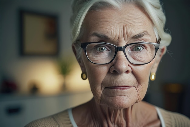 European grandmother on the background of a modern interior looks at the camera and smiles place for