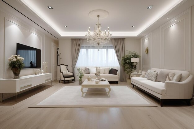 European interior design of a living room in an apartment house warm colors white soft colors AI