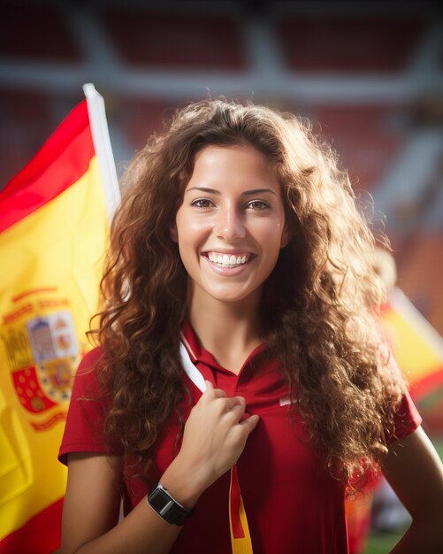 Foto gioia europea giovane donna acclama con la bandiera spagnola