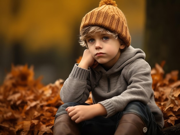 European kid in playful emontional dynamic pose on autumn background