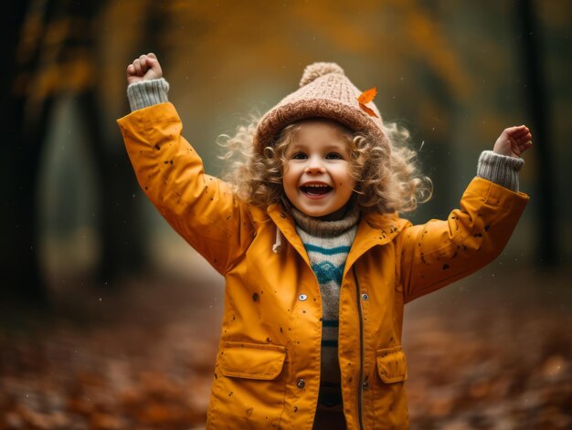 European kid in playful emontional dynamic pose on autumn background