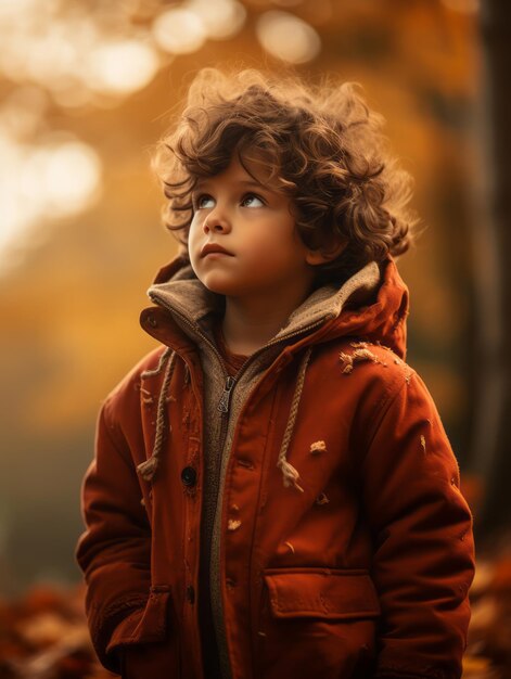 European kid in playful emontional dynamic pose on autumn background