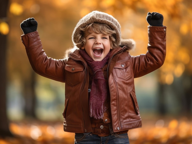 European kid in playful emontional dynamic pose on autumn background