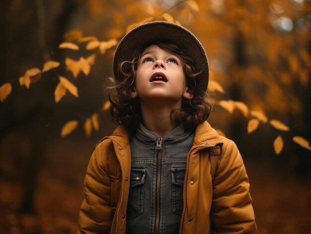 European kid in playful emontional dynamic pose on autumn background