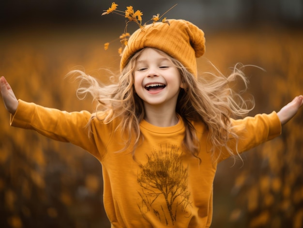 European kid in playful emontional dynamic pose on autumn background