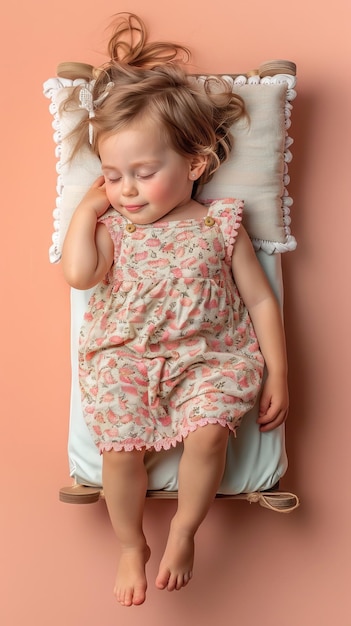 Фото Маленькая европейская девочка спит с улыбкой на маленьком матрасе.