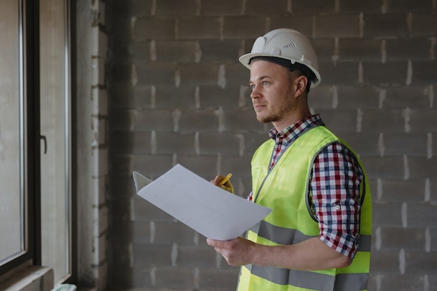 European male engineer in white helmet and safety vest at the construction site studying the