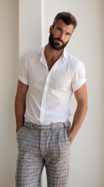 Photo european man in a checkered shirt and white pants