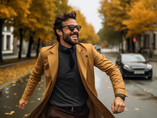 European man in emotional dynamic pose on autumn background