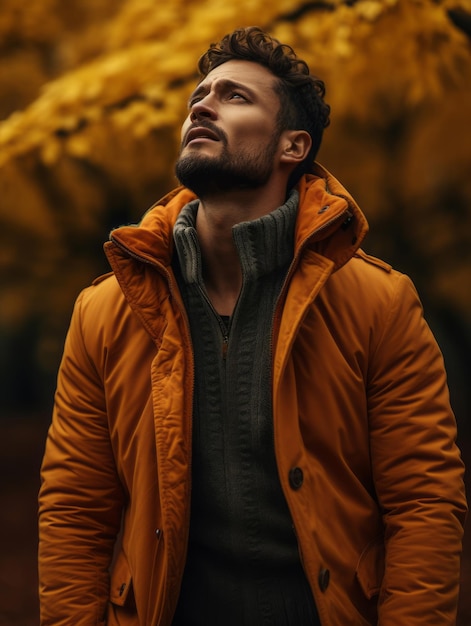 European man in emotional dynamic pose on autumn background