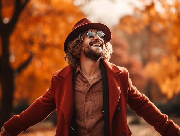 European man in emotional dynamic pose on autumn background