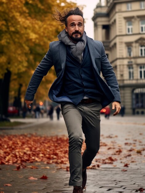 European man in emotional dynamic pose on autumn background