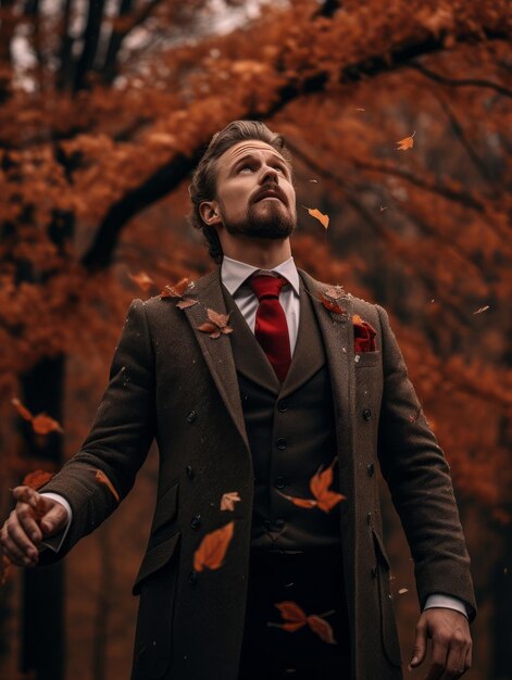 秋の背景にある感情的なダイナミックなポーズのヨーロッパ人男性