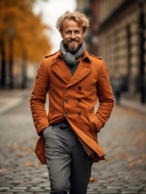 European man in emotional dynamic pose on autumn background