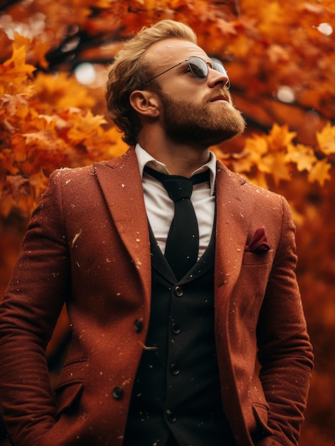 秋の背景にある感情的なダイナミックなポーズのヨーロッパ人男性
