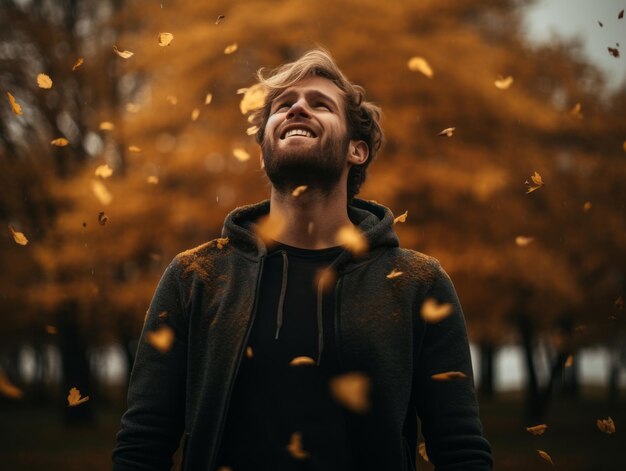 European man in emotional dynamic pose on autumn background