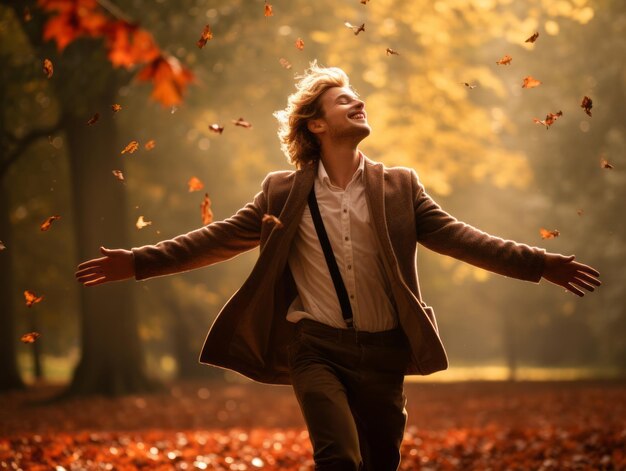 European man in emotional dynamic pose on autumn background