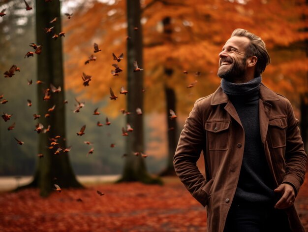 Foto uomo europeo in posa dinamica emotiva sullo sfondo autunnale