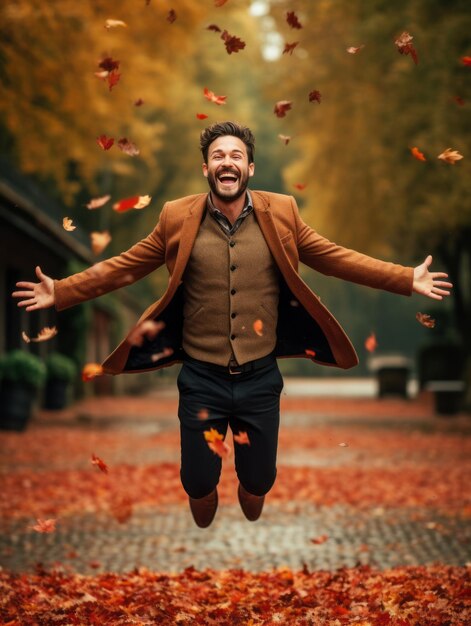 Photo european man in emotional dynamic pose on autumn background