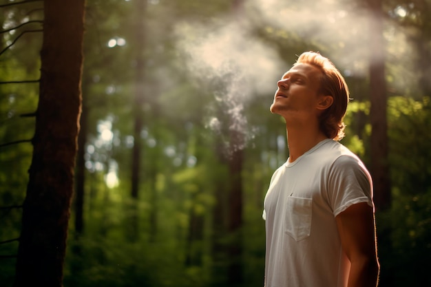 Foto l'uomo europeo respira profondamente l'aria fresca e rinvigorente della foresta e si immerge nella natura