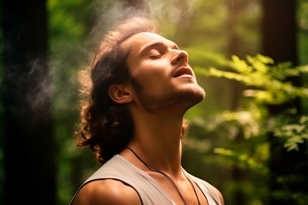 European man takes a deep breath of fresh invigorating forest air immersing himself in nature's