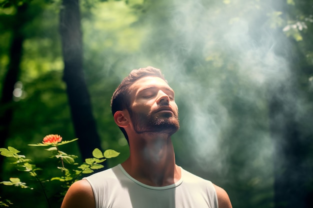 Foto l'uomo europeo respira profondamente l'aria fresca e rinvigorente della foresta e si immerge nella natura