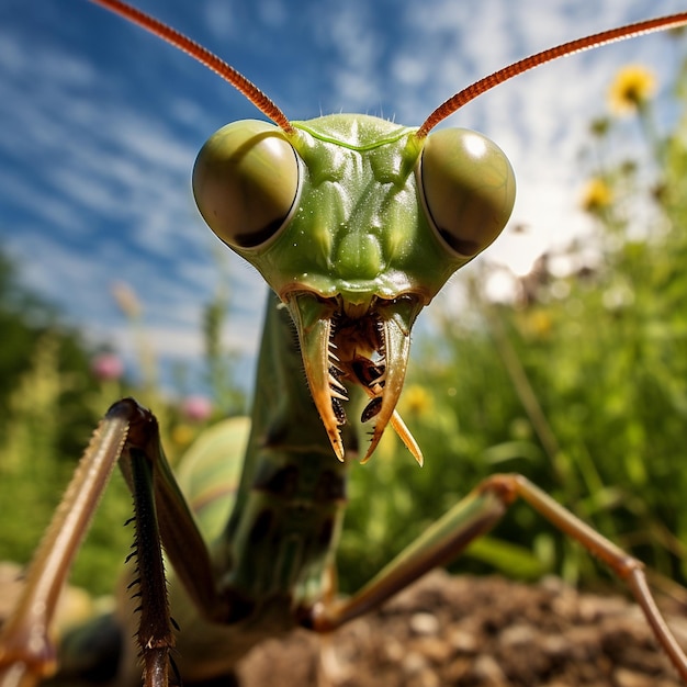 European mantis sniffing the camera face portrait