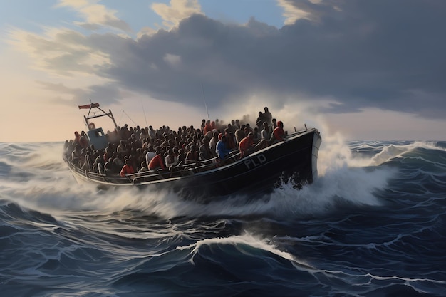 European Migrant Crisis Boat Filled with African Immigrants Crossing the Sea