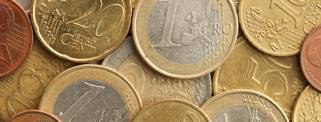 European money euro coins shiny coins of european union currency close up