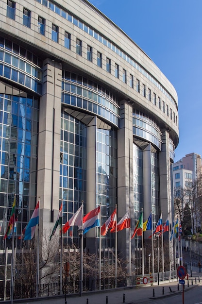 European Parliament offices and European flags in the Brussels