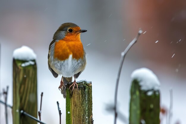 European Robin perching on a garden fence in winter