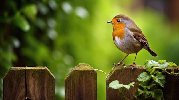 A European robin perching on a garden fence