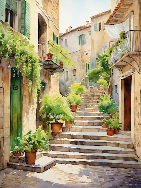 european streets watercolor drawing