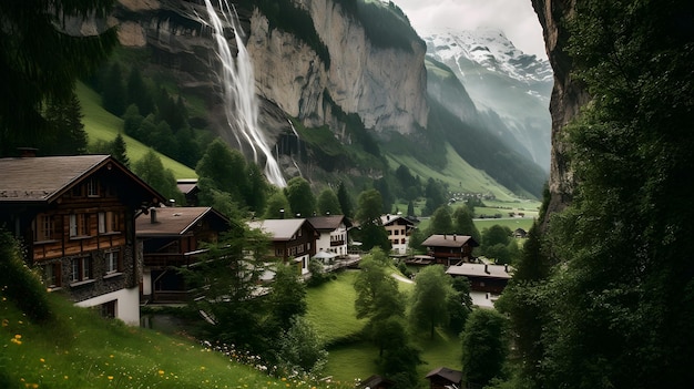 European traditional village landscape view in mountain valley area with waterfall generative ai