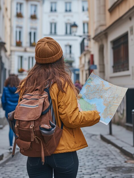 Foto guida turistica europea per le turistiche che navigano per le strade con una mappa